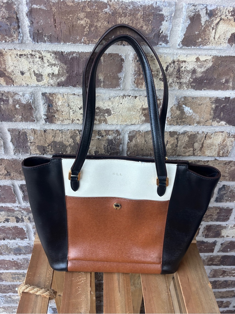 Lauren Ralph Lauren Colorblock Structured Tote Bag Black Brown Cream